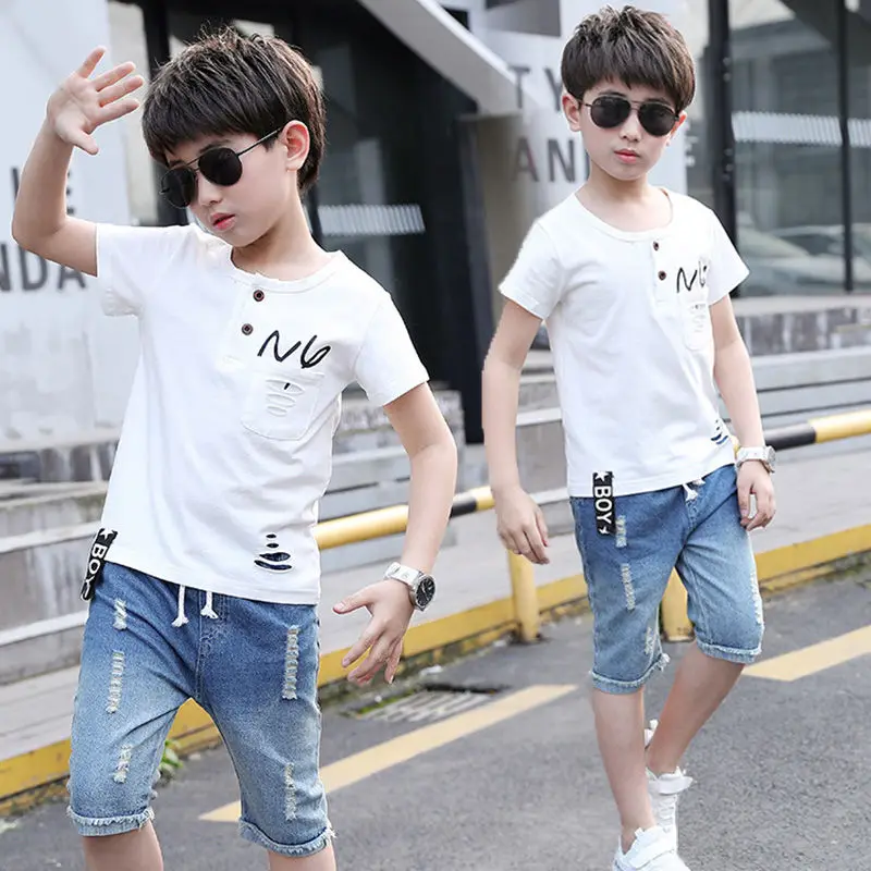 

Summer Sport Suits Teenage Boys Clothing Sets Short Sleeve T Shirt & Hole Jeans Casual 3 5 7 9 10 12 13 Years Child Boy Clothes