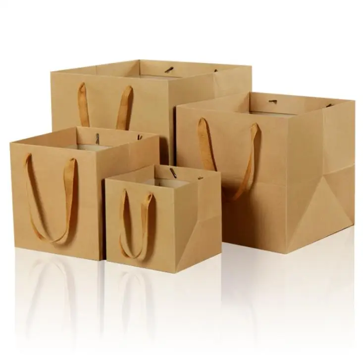 100pcs/lot Fruit flowers bonsai packaging paper bag with handle square bottom kraft paper bag gift bag Black/Brown 4 Size SN681