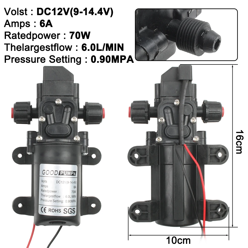 70W DC 12V 130PSI 6L/Min Water pump High Pressure Diaphragm Self Priming Pump with Plug for car cleaning