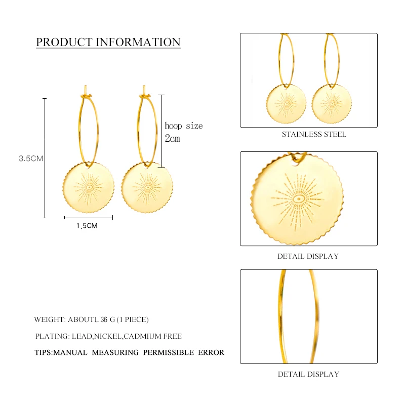 Women New Statement Round Pendant Hoop Earrings Gold Plated Circle Sun Pettern Bohemian Stainless Steel Jewelry Wedding Gift