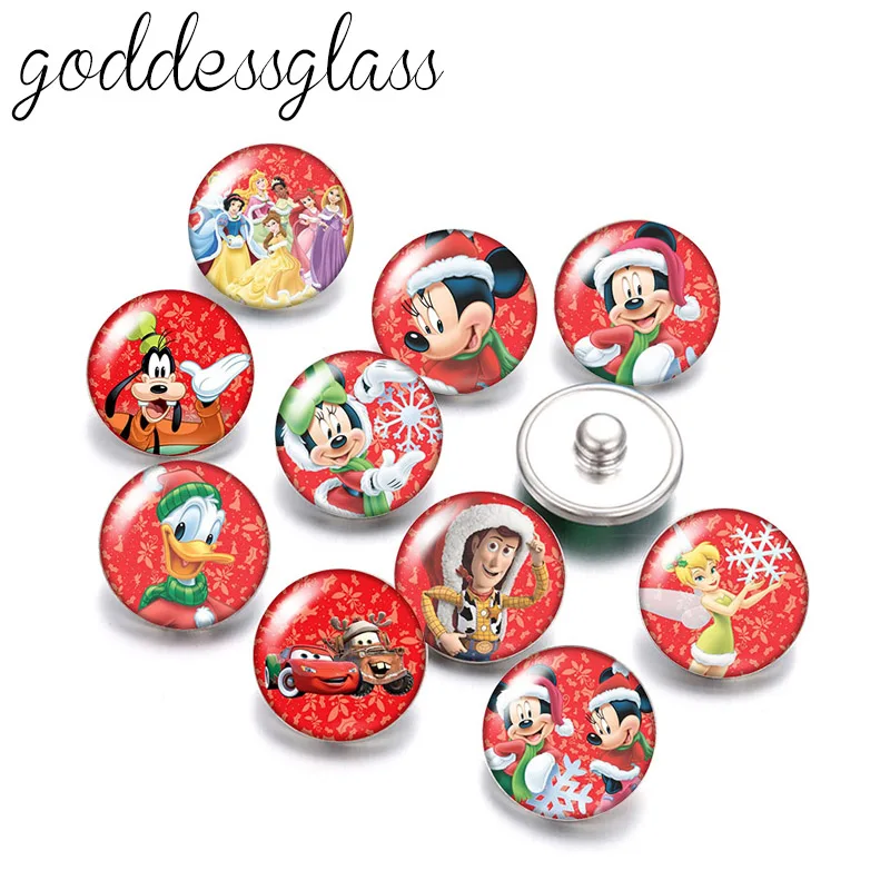 Disney Christmas style Mickey Minnie Princesses 10pcs Round photo glass 18mm snap buttons for 18mm snap bracelets jewelry