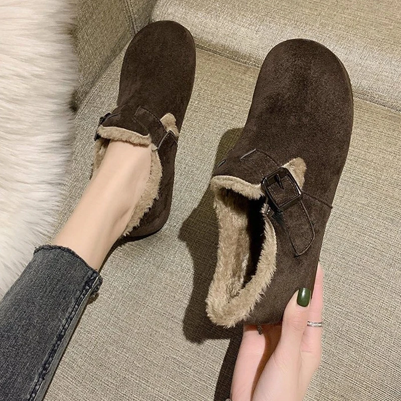 2021 Winter Hot New Short Boots Buckle Strap Women Shoes Fur Plush Slip-on Flat Solid Footwear Warm Female Snow Boots ботинок