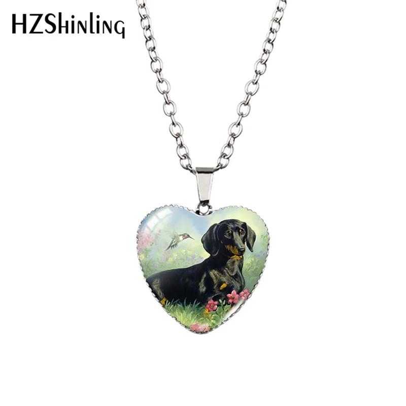 2021 New Dachshund Modern Art Painting Pendant Necklace Animal Art Glass Dome Handmade Jewelry Heart Pendants Gift Women