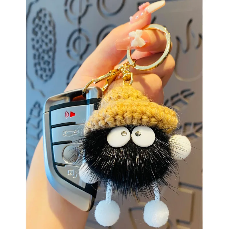 Plush Small Coal Ball Keychain Cute Black Grey Pink Mink Fur Pendant Creative Bag Car Metal Keyring Girl Boy Lover Lanyard Gift