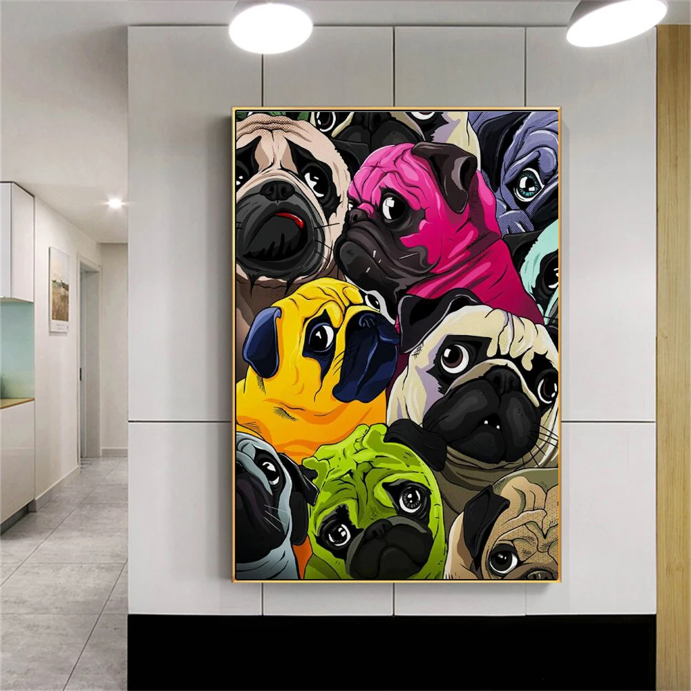 

Watercolor Animals Prints on Canvas Wall Art, Cute Pugs Graffiti Art, Dogs Decorative Paintings for Living Room, Home Decor