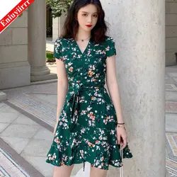 Green Floral Surplice Front Ruffle Hem Dress Women V Neck Short Sleeve Summer Boho High Waist Short A Line Dresses