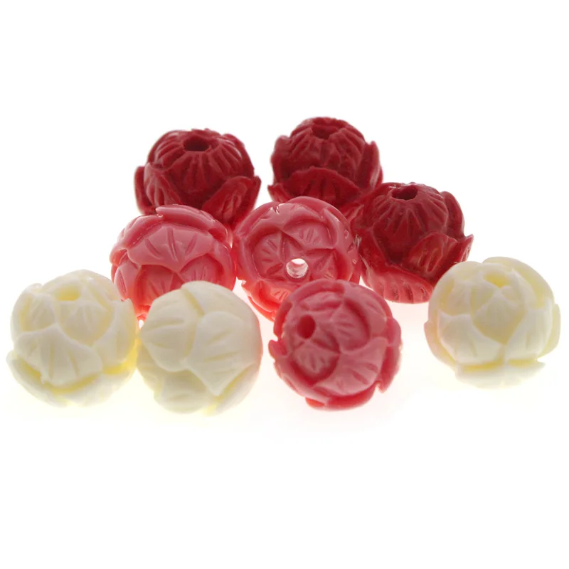 20PCS Carved Lotus Flower Natural Cinnabar Red Beads Round Loose Spacer Beads for Jewelry Making DIY Bracelet Earrings Handmade