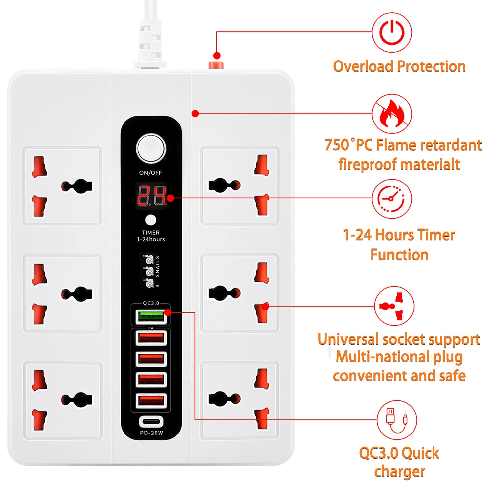 PD QC3.0 Fast Charger USB Power Strip With Switch Universal 6  AC Jack Extension Socket With Timer Socket 3000W