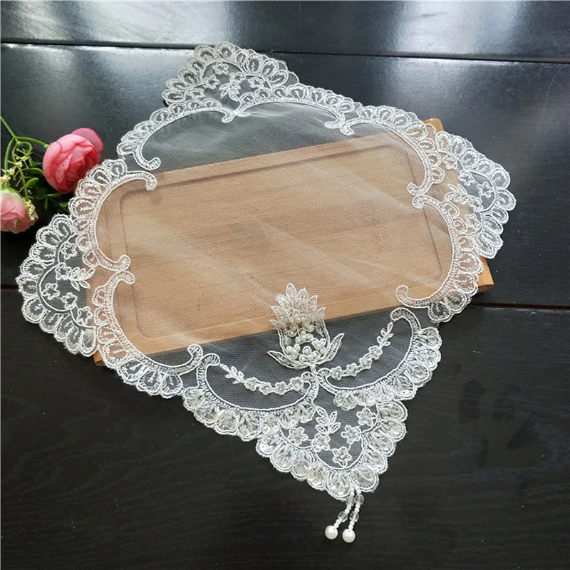 European Exquisite Embroidery Beaded Lace Pendant Square Coaster Bedroom Study Office Table Mat Fruit Plate Pastry Cover Cloth