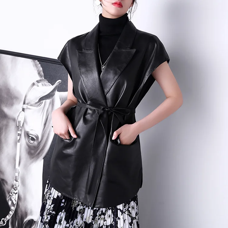 Factory New Arrival Women Classic Genuine Leather Windbreaker Sleeveless Wear a belt Slim Fashion Jacket