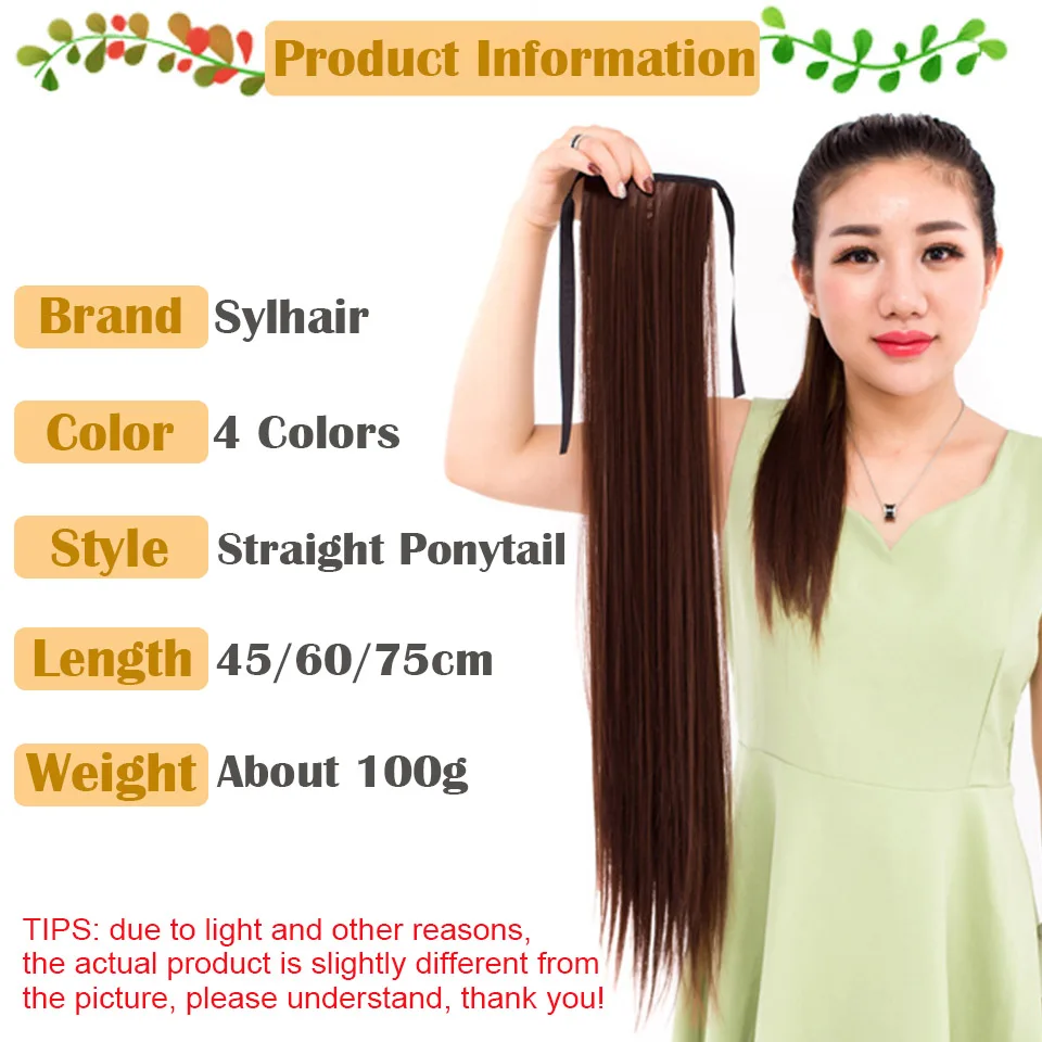 Sylhair-O grampo sintético em extensões da cauda do cabelo, cabelo natural parte com Hai, fita longa, reta super, cordão, rabos de cavalo falsos