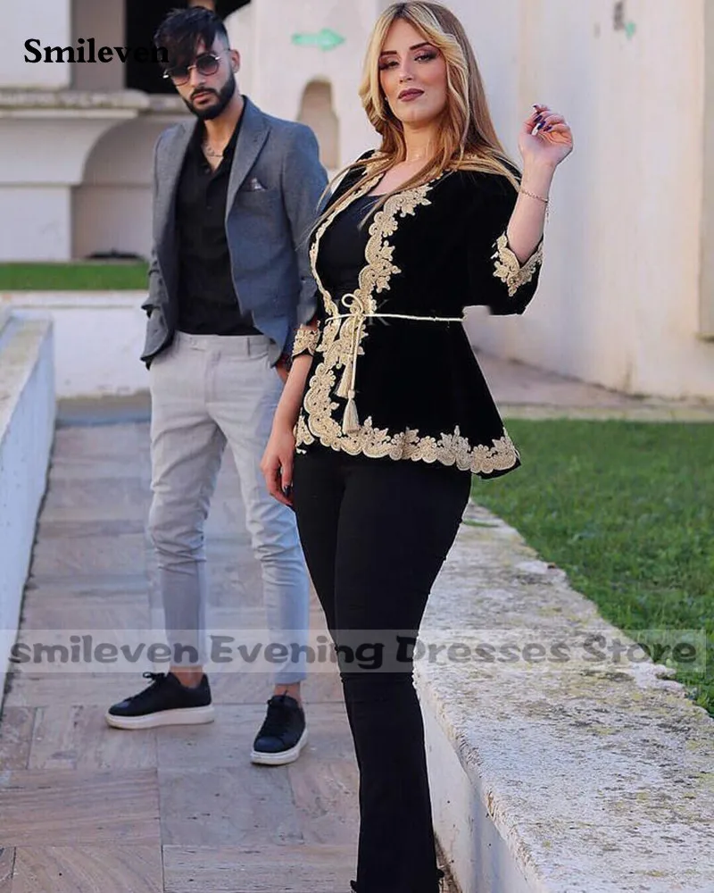 Smileven Velvet  Black Karakou Algerian Caftan Evening Dresses Only Jacket Detachable Belt Prom Dress Gold Lace Party Gowns