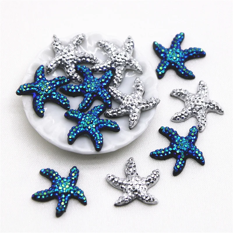 50 szt. 16x18mm srebrno-czarne żywiczne kaboszony w kształcie gwiazdy morza, płaski spód, do samodzielnego tworzenia biżuterii/ozdób do telefonów, bez otworu