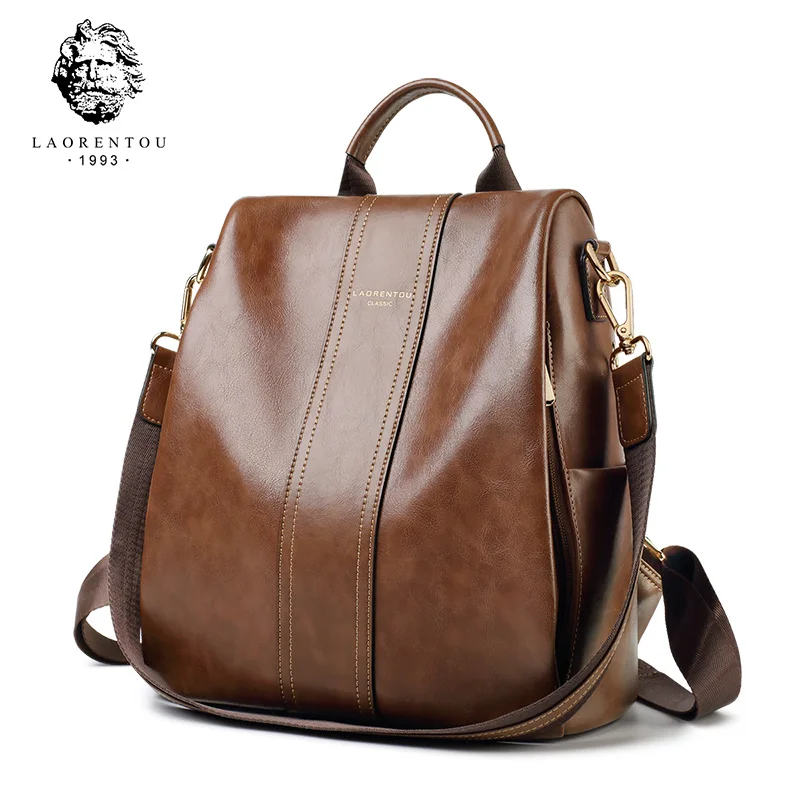 

LAORENTOU Women split leather Backpack Female Retro Handbag High Capacity Shoulder Students School Bag Ladies Fashion Travel Bag