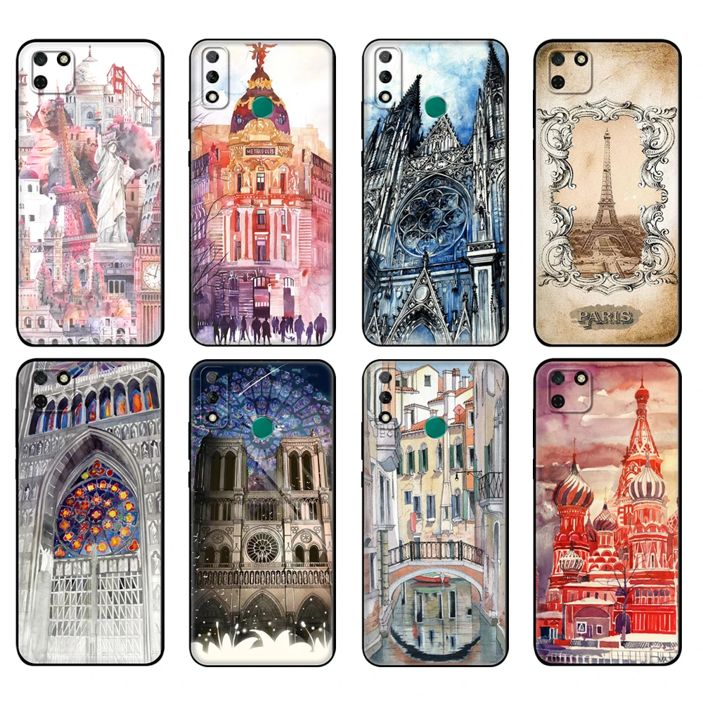 Black tpu Case For Huawei Y9S Y6S Y8S Y5P Y7P Y8P Case For Huawei Y5 lite Prime Y6 2019 Cover World famous architectural art