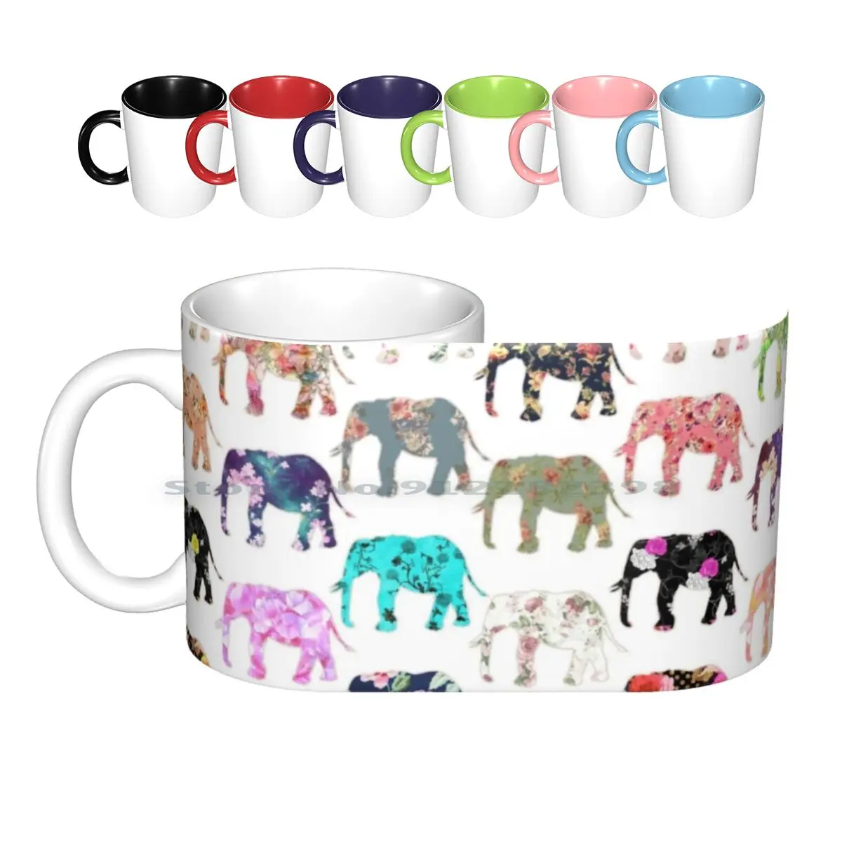 Girly Whimsical Retro Floral Elephants Pattern Ceramic Mugs Coffee Cups Milk Tea Mug Elephants Cute Girly Abstract Pink Floral