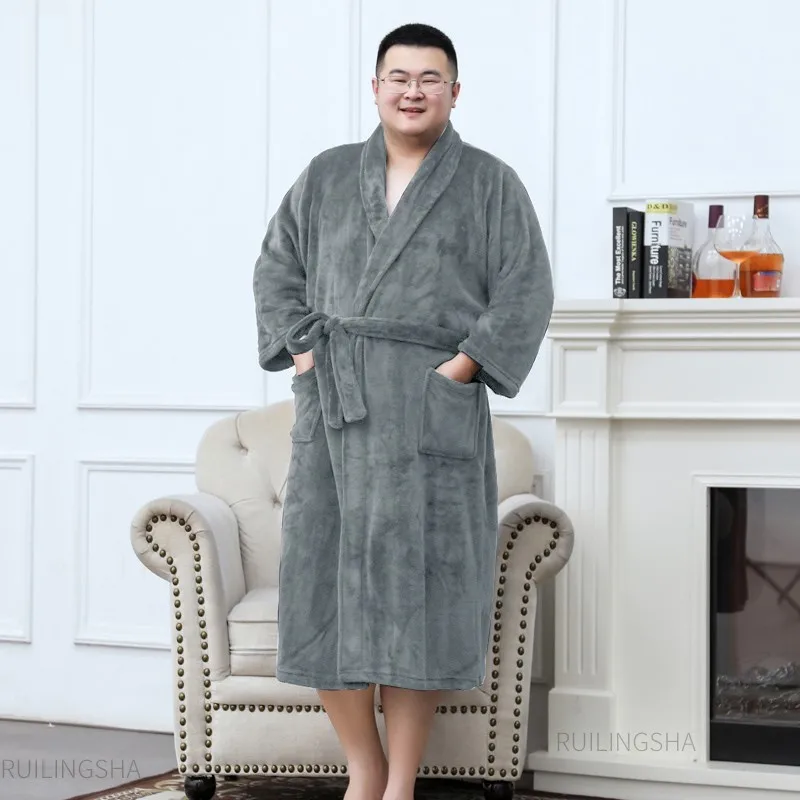 Men  Warm Flannel Bathrobe 40-125 KG Men Winter Coral Fleece Robe Night Sleepwear Women Dressing Gown Lovers Robes