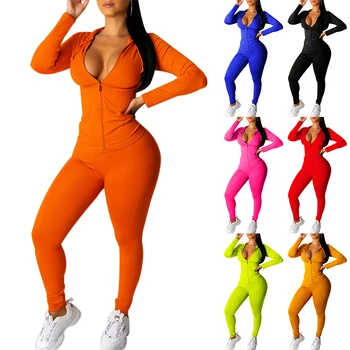 Outono conjunto de duas peças feminino manga longa com capuz bolso com zíper jaquetas esportivas + leggings conjuntos combinando treino roupas elásticas
