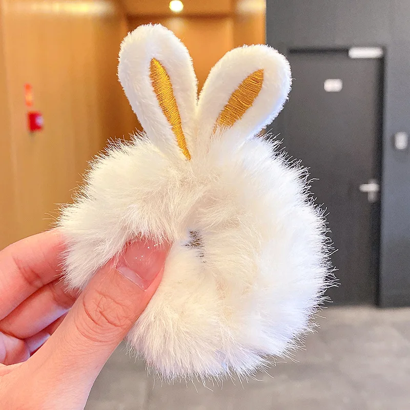 Girls Sweet Imitation Rabbit Fur Rabbit Ears Elastic Hair Bands Women Fur Fluffy Hair Rings Plush Scrunchies Hair Accessories