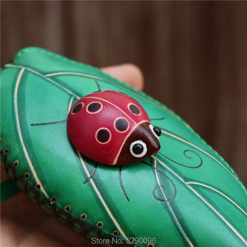 Leather Handmade Creative Leaves Seven Star Ladybug Mini Coin Purse Leather Card Key Case Clutch Clutch Clutch