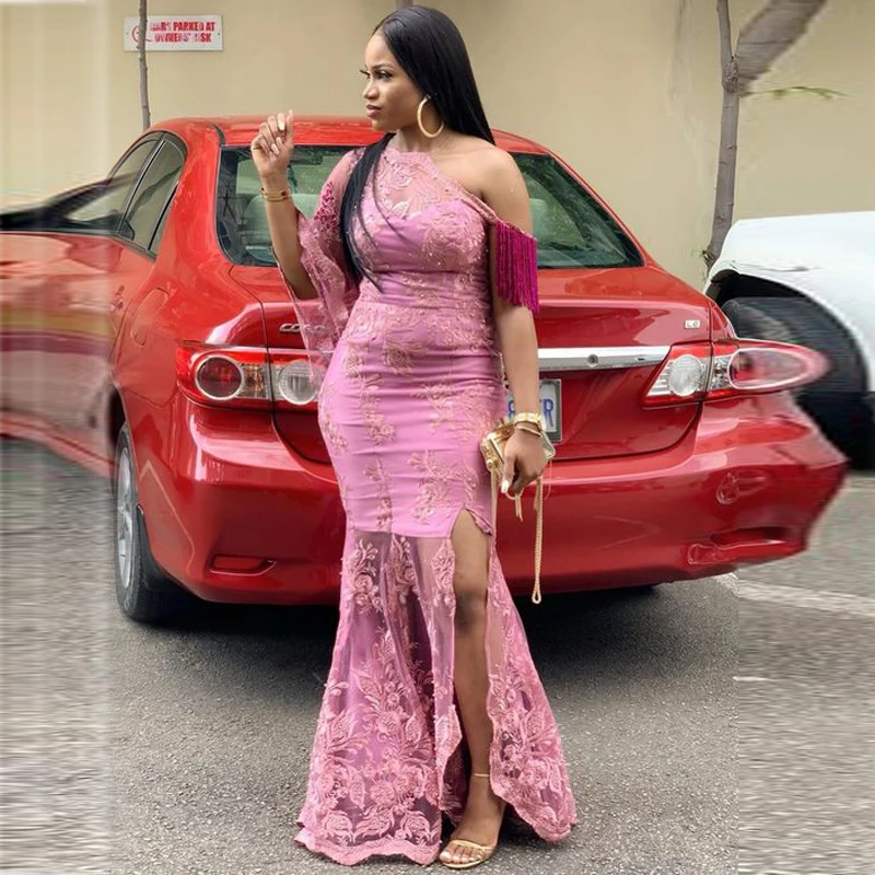 Aso Ebi Lace Prom Dresses Side Split Kwasten Een Schouder Mermaid Avondjurk Illusion Afrikaanse Wmen Party Robe De Soiree