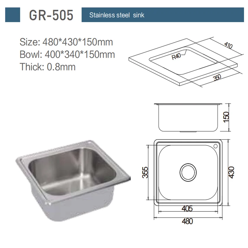 480*430*150mm Stainless Steel Sink GR-505 RV Caravan Camper Boat