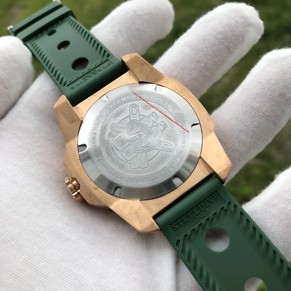 STEELDIVE Mens Automatic Watch 46MM Bronze Military Mechanical Wristwatch Diver 50ATM Waterproof C3 Luminous Sapphire NH35