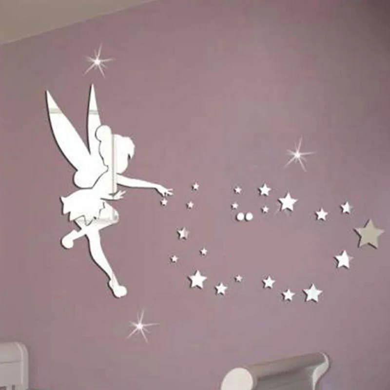 Fairy Wall Mirror Acrylic Mirrored Decorative Tinker Bell Wall Stickers Living Room Bedroom 3D Mirror Wall Sticker Home Decor