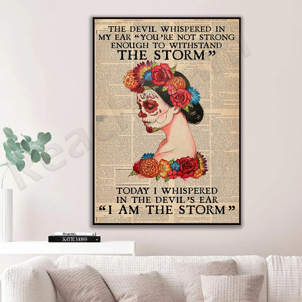 Retro Sugar Skull Poster-The devil whispers in my ear, you are not strong enough to resist the storm book page canvas poster