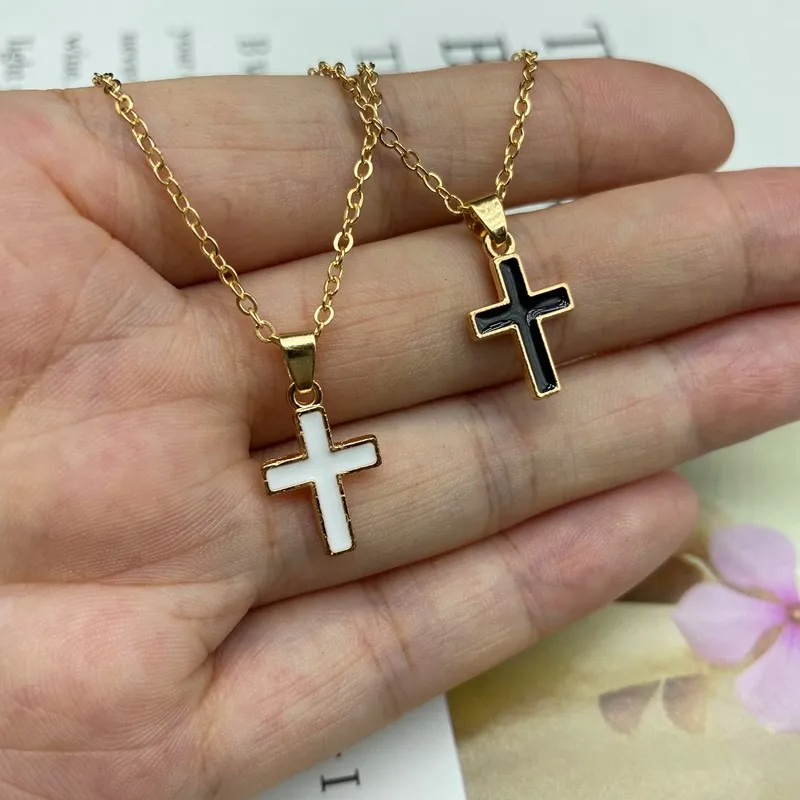 Tiny Cross Necklace for Women Girl Black White Color Jesus Pendant Collar Choker Jewelry Gift New Fashion Neck Jewelry Wholesale