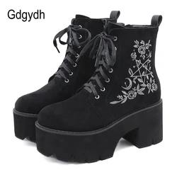 Gdgydh Mode Blume Plattform Stiefel Chunky Punk Wildleder Leder Womens Gothic Schuhe Nachtclub Spitze Up Zurück Zipper Hohe Qualität