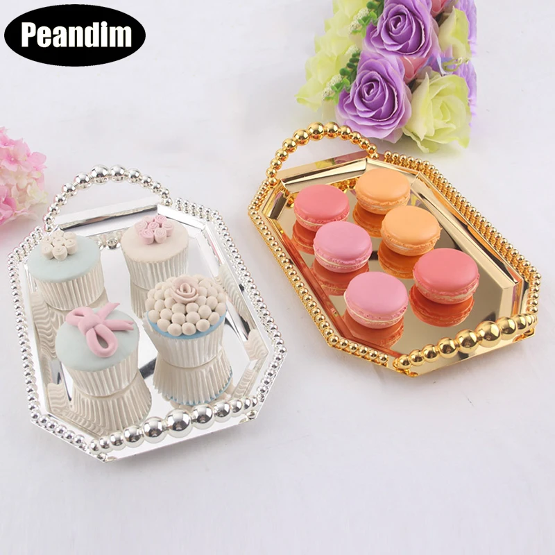 

PEANDIM Square Tray European Gold Silver Plated Fruit Tray Wedding Party Christmas Cake Dessert Tray Home Baking Plate Decor