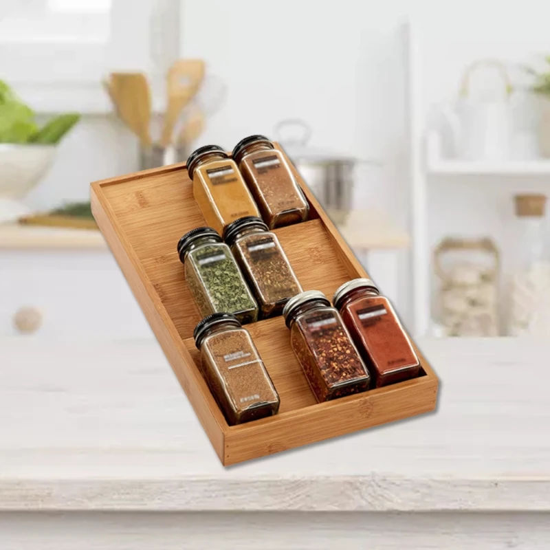 Spice Rack Organizer 3-Tier Wood Seasoning Drawer Tray 12 Jars Holder Shelf Kitchen Supplies Kitchen Drawer Tray 12 Jars Holder