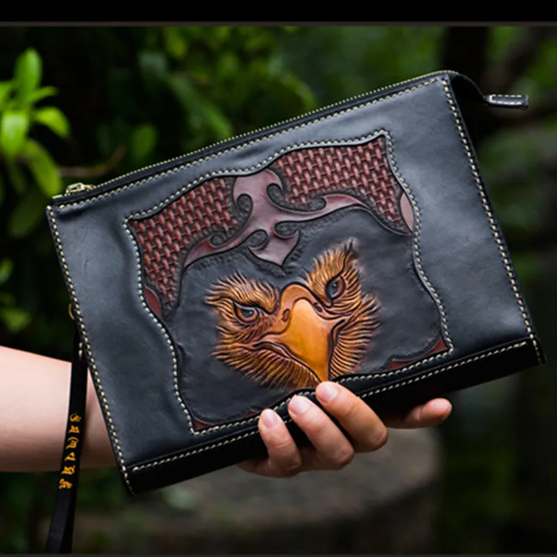 HandmadeWomen Vegetable Tanned Leather Bag Carving Eagle Money Holder Clutch Purse Cigarette Pocket Man Clutches Envelope