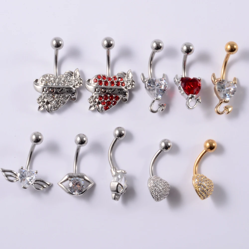 1Pc 14g Navel Piercing Devil Heart Wing Belly Button Ring Surgica Steel Zircon Skull Curved Navel Body Jewelry