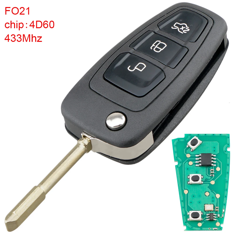 Mando a distancia abatible de 3 botones, 433Mhz, Chip 4D60 y hoja F021, apto para Ford Focus, Mk1, Mondeo