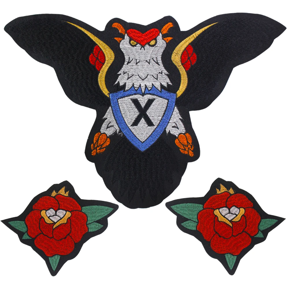 Embroidery Wolf Tiger Eagle Patch Arrow Rose Flower Applique Heart Wing Emblem Driver Skull Horn Iron on Badge 2pc