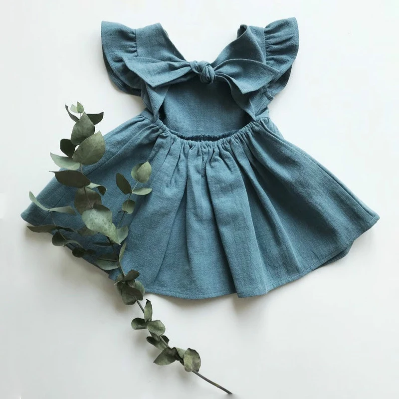 New Baby Girls Dress Bow Cotton Fly Sleeve Ruffles Lace Summer Pure Color Children's Princess Skirt Kids Clothes