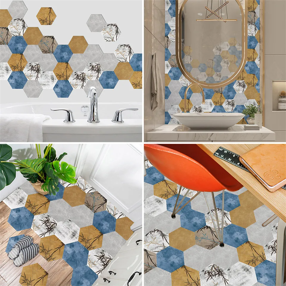 10PCS/Set Color Tile Paste Paper PVC Self-adhesive Hexagon Wall Floor Stickers Wallpaper Kitchen Bedroom Decoration Decal Murals