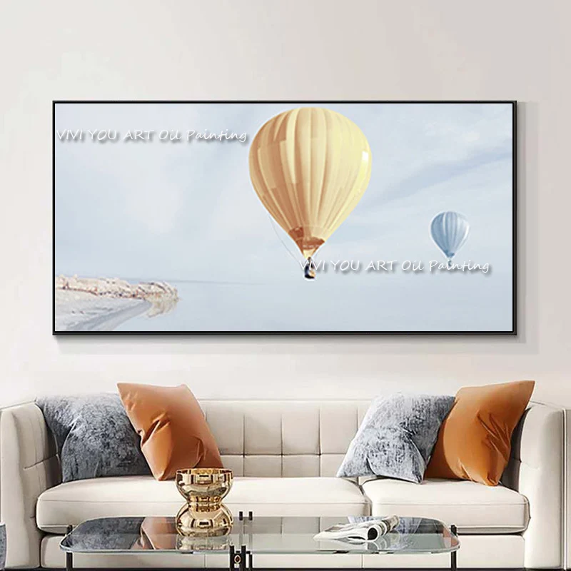 Pastel Hot Air Balloon Canvas, Soft Sky Coastal Landscape, Hand‑Painted Horizontal Oil Painting For Gentle Modern Living Room