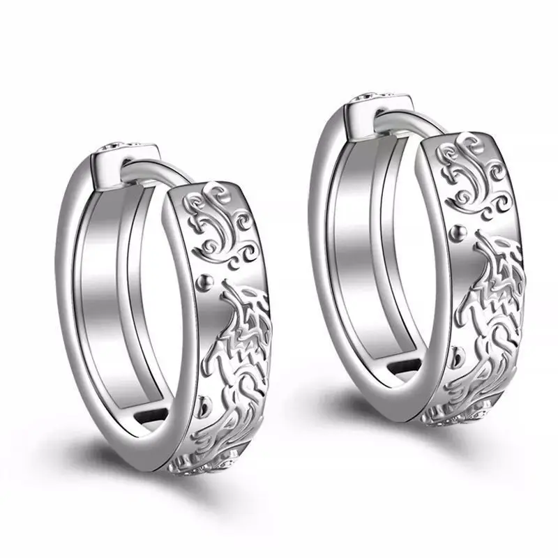 KOFSAC Vintage Black Proud Wolf Men Hoops Jewelry 925 Sterling Silver Earrings For Women Hip-Hop Party Personality Accessories
