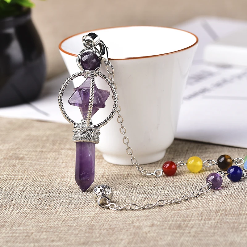 1PCS Natural Crystal  Merkaba Pendulum Pendants Round Bead Hexagon Pillar Scepter Reiki Healing Stone For Men Women Jewelry gift