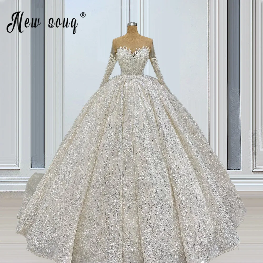 Querida manga longa branco marfim vestido de casamento uma linha de luxo frisado apliques vestidos de casamento feminino vestidos de baile fotos reais