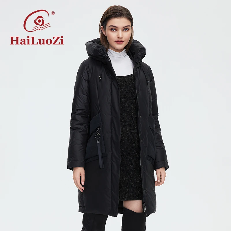 HaiLuoZi 2022 Women's Winter Jacket High Collar Middle Length Thick Lady Coat Fashion Big Pocket Elegant Female Parkas 6026