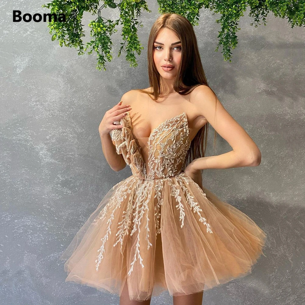 Booma-mini vestidos de baile de tule champanhe, decote em v profundo, sem mangas, apliques de renda, linha a, vestidos curtos para festa