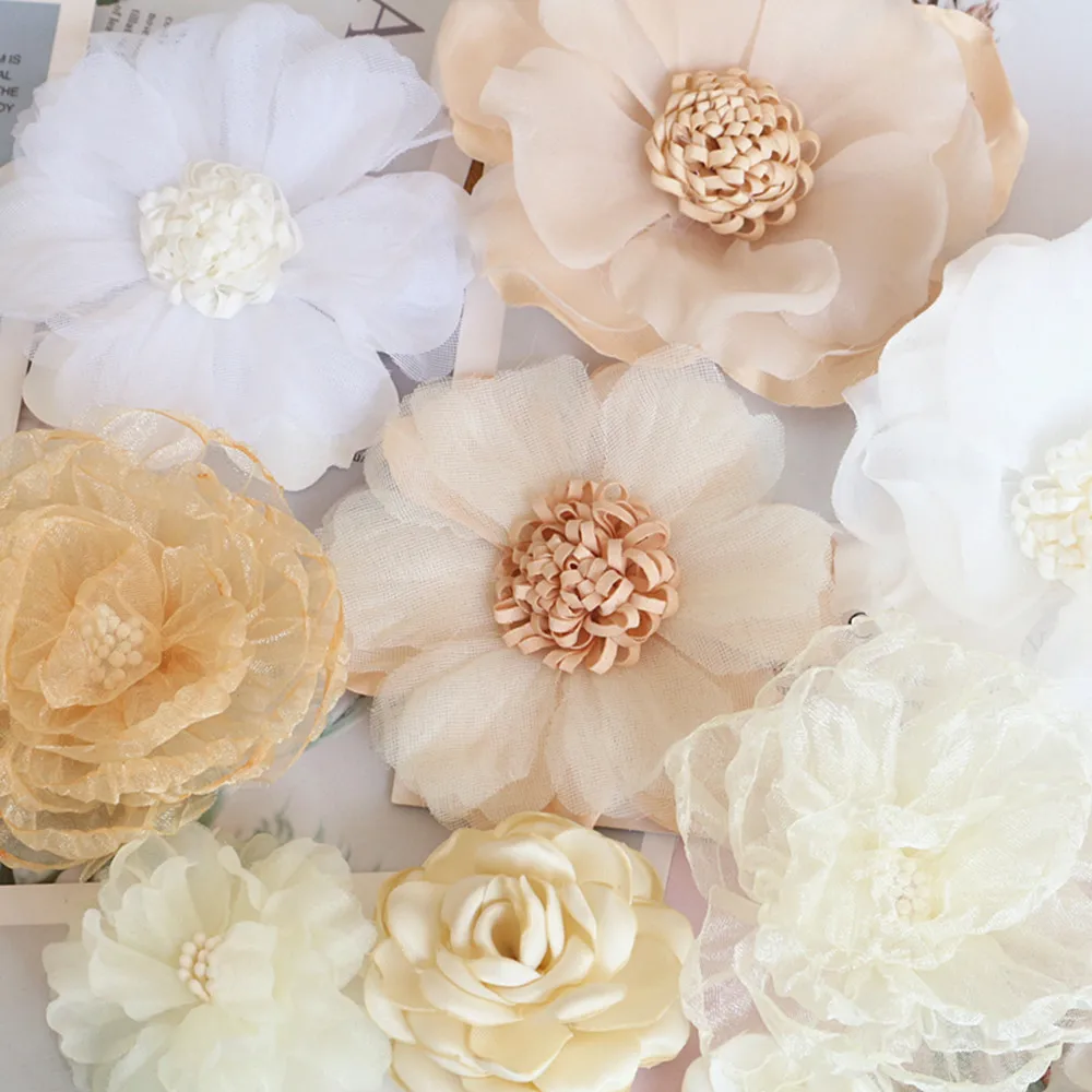 10PCS/Lot Beige Series Camellia Rose Chiffon Fabric Artificial Flower Head For Wedding Dress Clothing Decoration Headdress