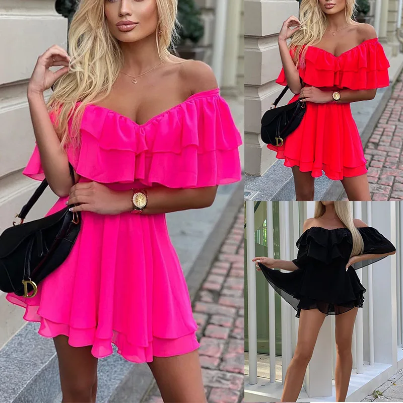 Off Shoulder Ruffle Short Mini Dress Women Summer Fashion A Line Sundress Robe Female Solid Color Casual Sundress M6075