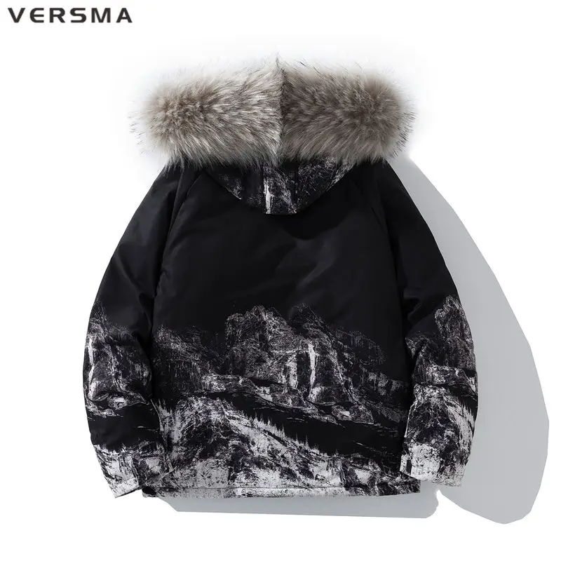 VERSMA Japanese Harajuku Trendy Snow Mountain Print Parka Men Winter Warm Thick Cotton Padded Unisex Fur Parka Male Dropshipping