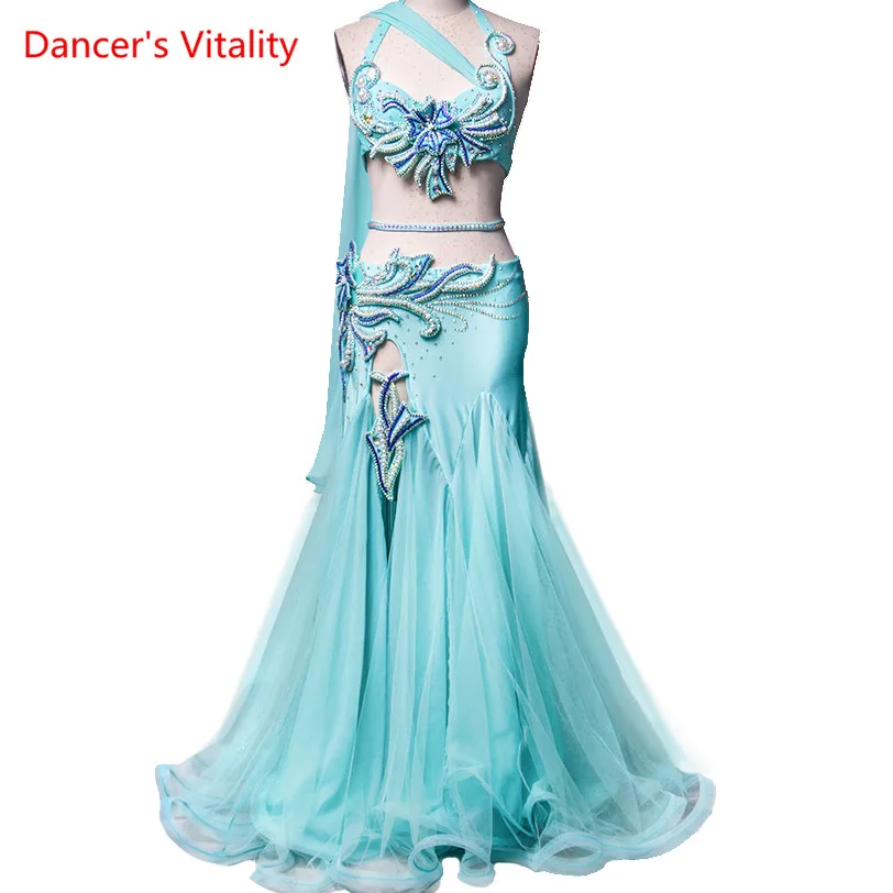 Belly Dance เครื่องแต่งกายเซ็กซี่ High-End เต้นรำเครื่องแต่งกาย Sky Blue เอวห่วงโซ่ Belly Dance หรูหราการปรับแต่งชุด