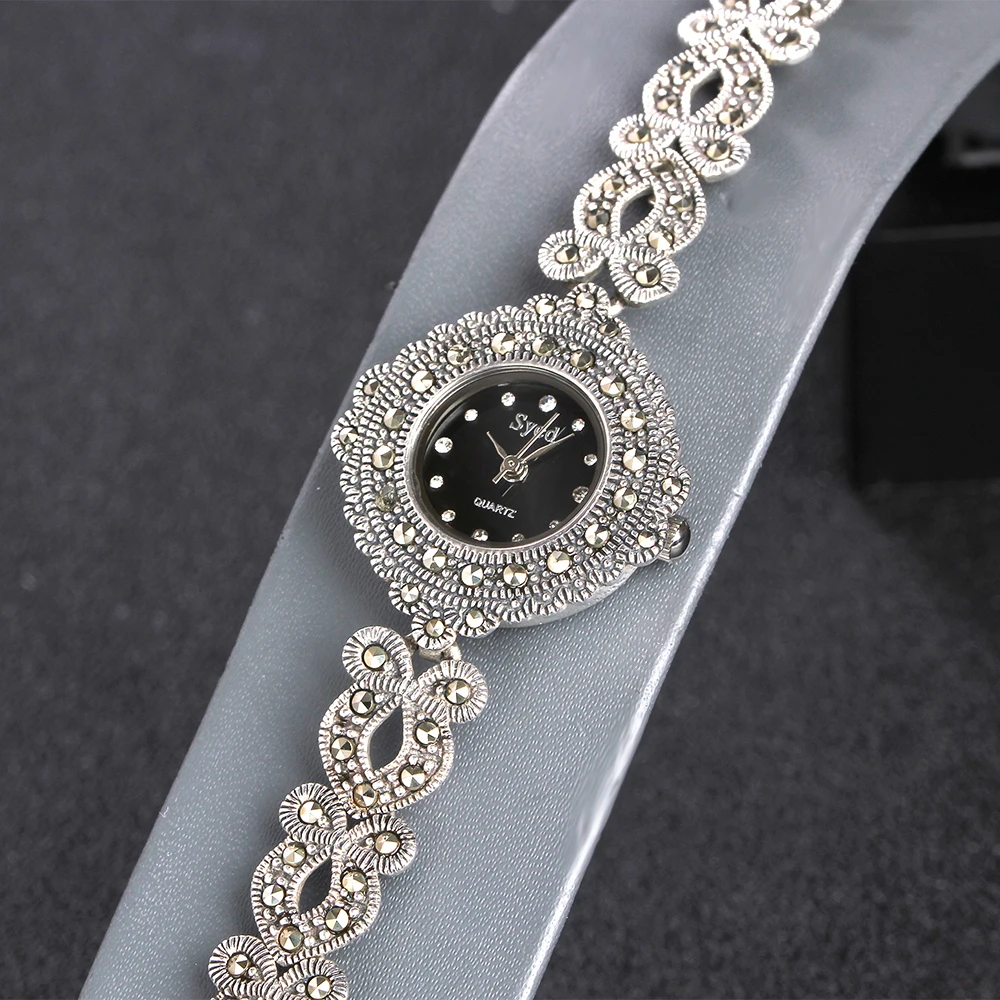 ZHJIASHUN Vintage 100% Silver 925 Watch For Women Retro 925 Sterling Silver Clock Female Fashion Bracelets Watch Jewelry